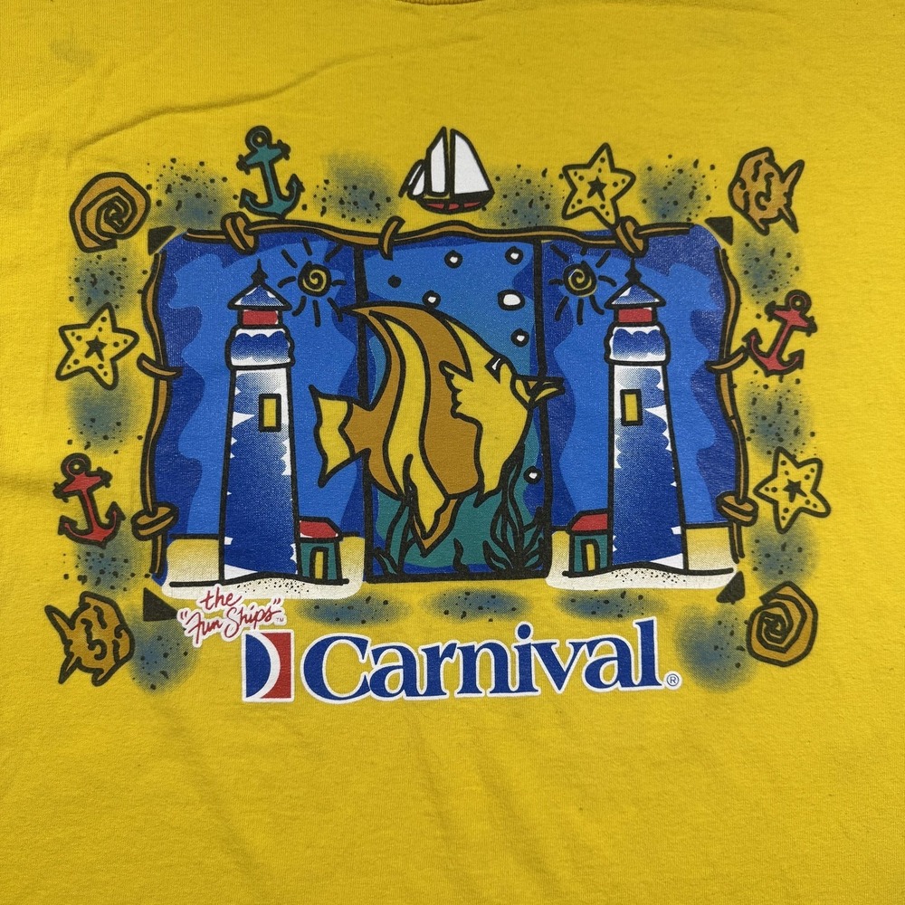 Vintage Carnival Shirt Mens 2XL Yellow‎ Fun Ships Lighthouse Cruise Graphic Tee